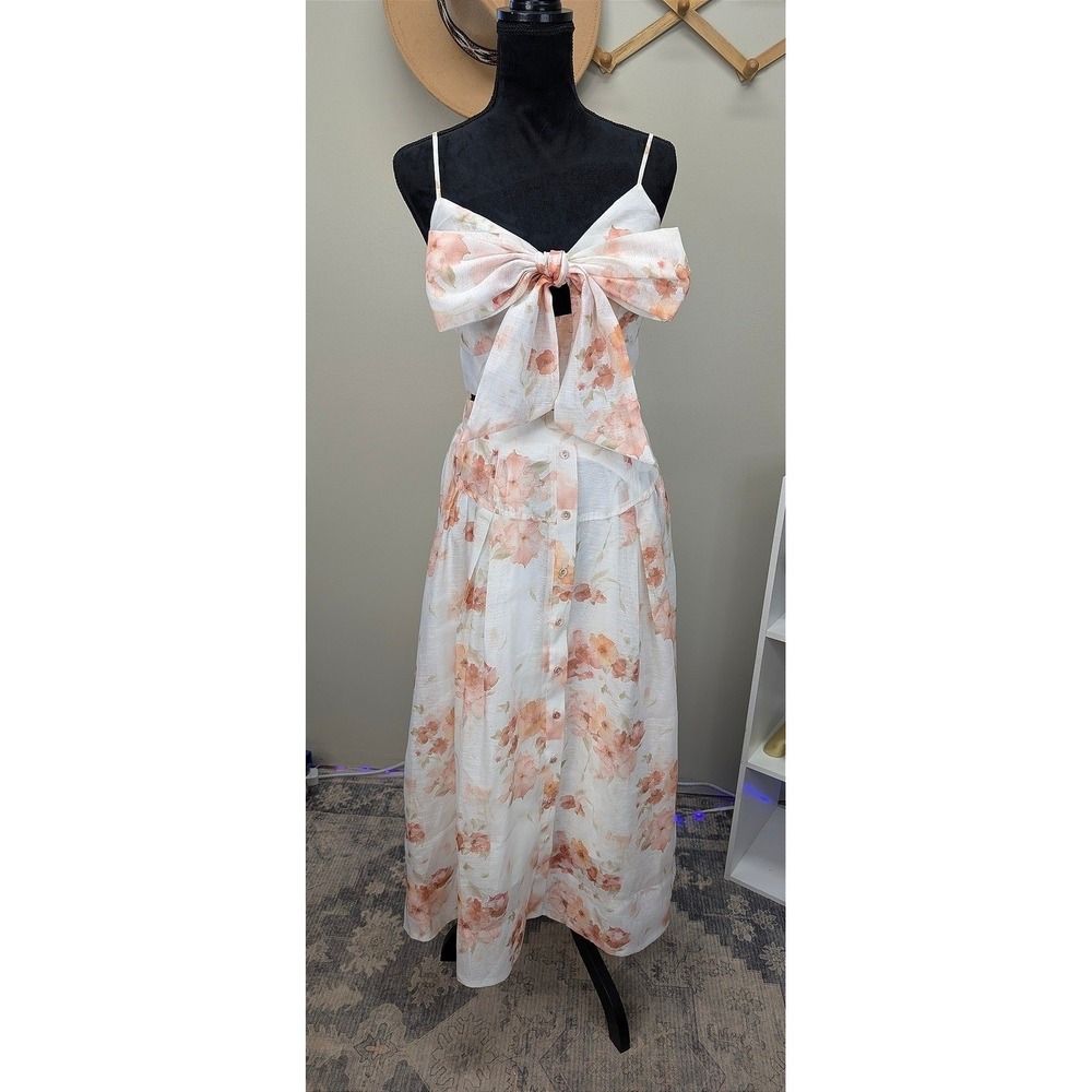 Mable Floral 2 Piece Set Bow Crop Top & Button Front Midi Skirt Peach White M
